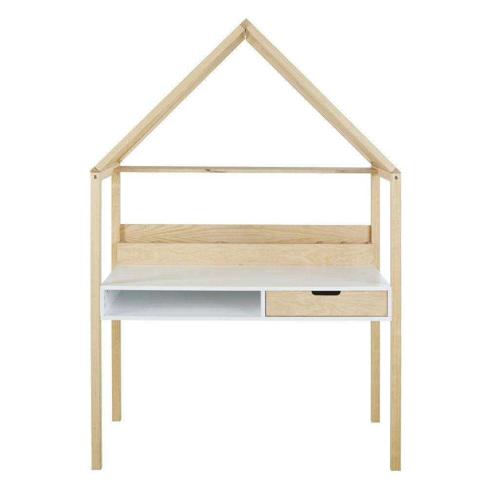 Safari - Bureau enfant cabane 1 tiroir 1 niche beige et blanc