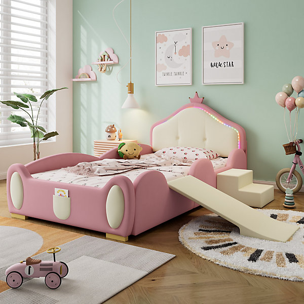 Lit simple 90x200cm capitonné couronne, LED multicolores, toboggan et échelle, bordures amortissantes, lit enfant, PU, rose