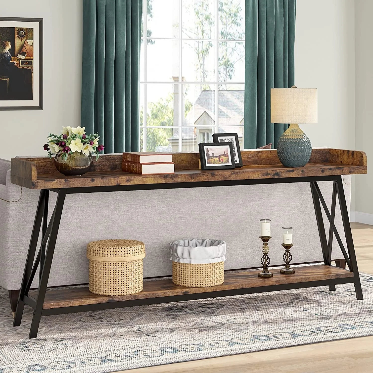 70.9 inch Long Sofa Console Table Behind Couch, Rustic Brown Entryway Table
