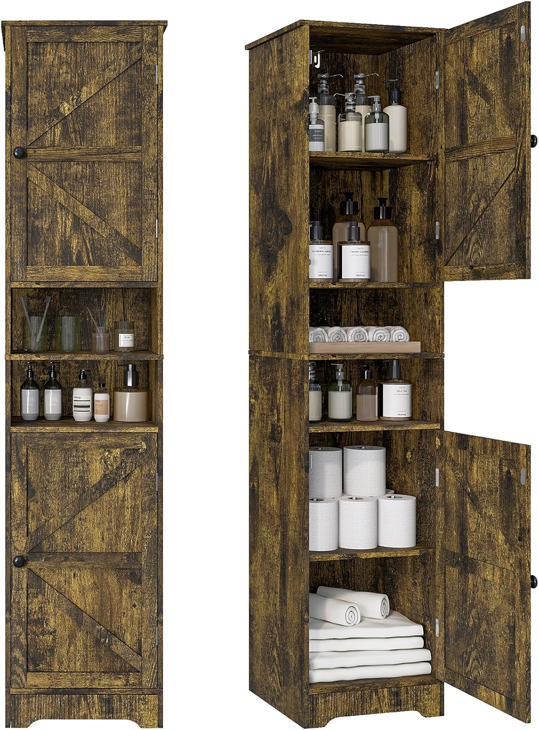 Viaozutis Tall Bathroom Storage Cabinet, Vertical Freestanding Organizer with Adjustable Shelf, Slim Design for Small Bathrooms, Towels & Toiletries Storage Retro Colors