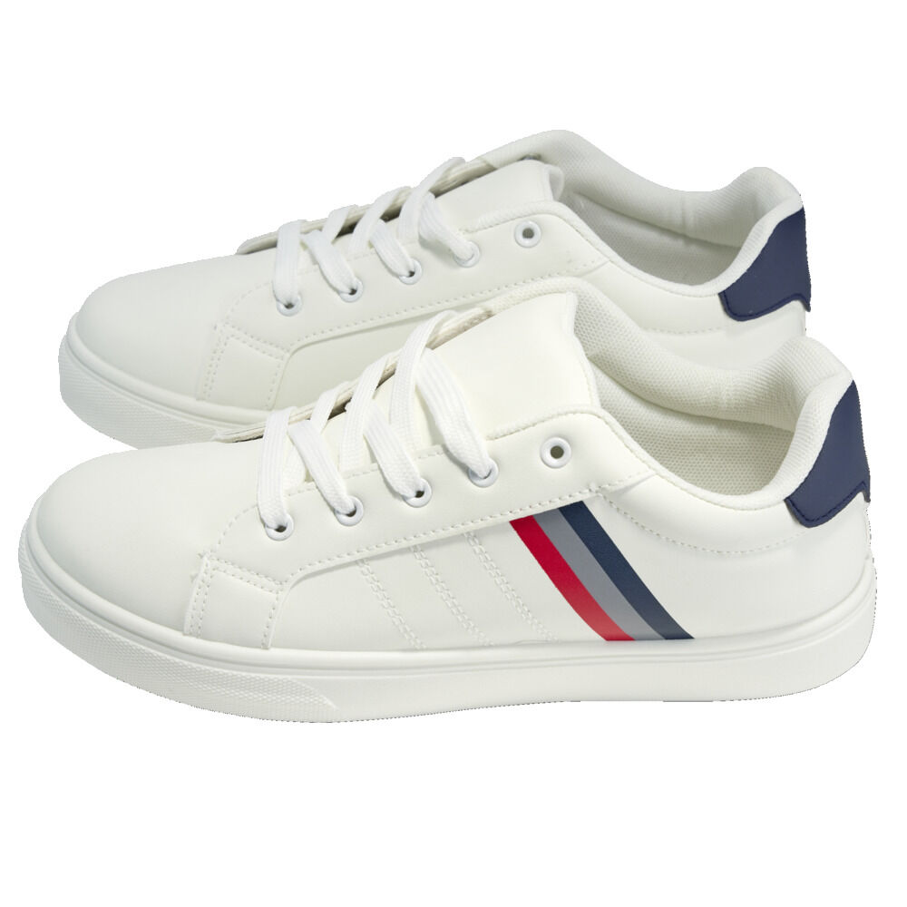 Baskets unisexe simili blanc rayures rouges et bleues T37