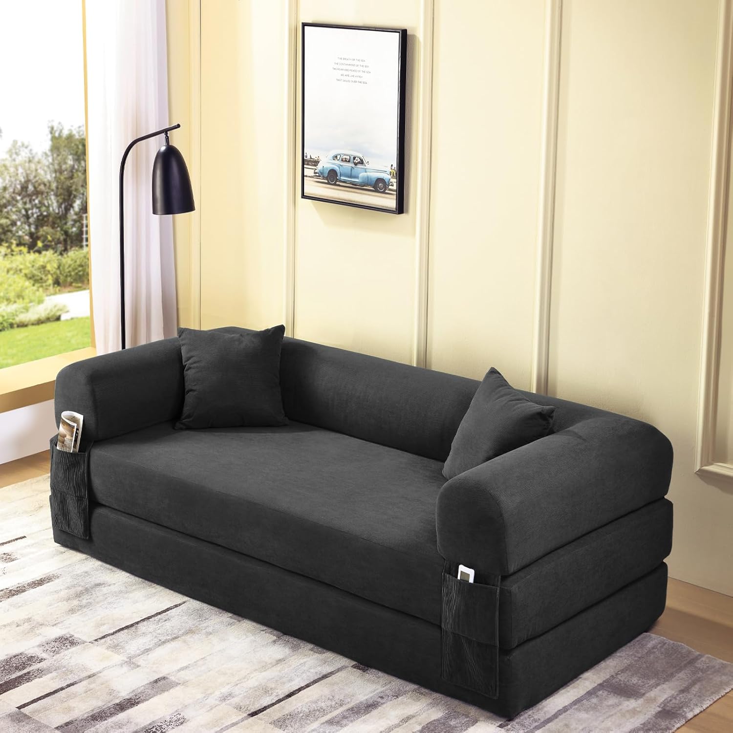 4-in-1 Folding Convertible Sofa Bed, 80 Inch Oversized Corduroy Boneless Couch, Loveseat Sleeper with Pull Out Bed, Floor Sofa Modular Futon Teddy Sofa for Living Room Bedroom Lounge, Deep Gray