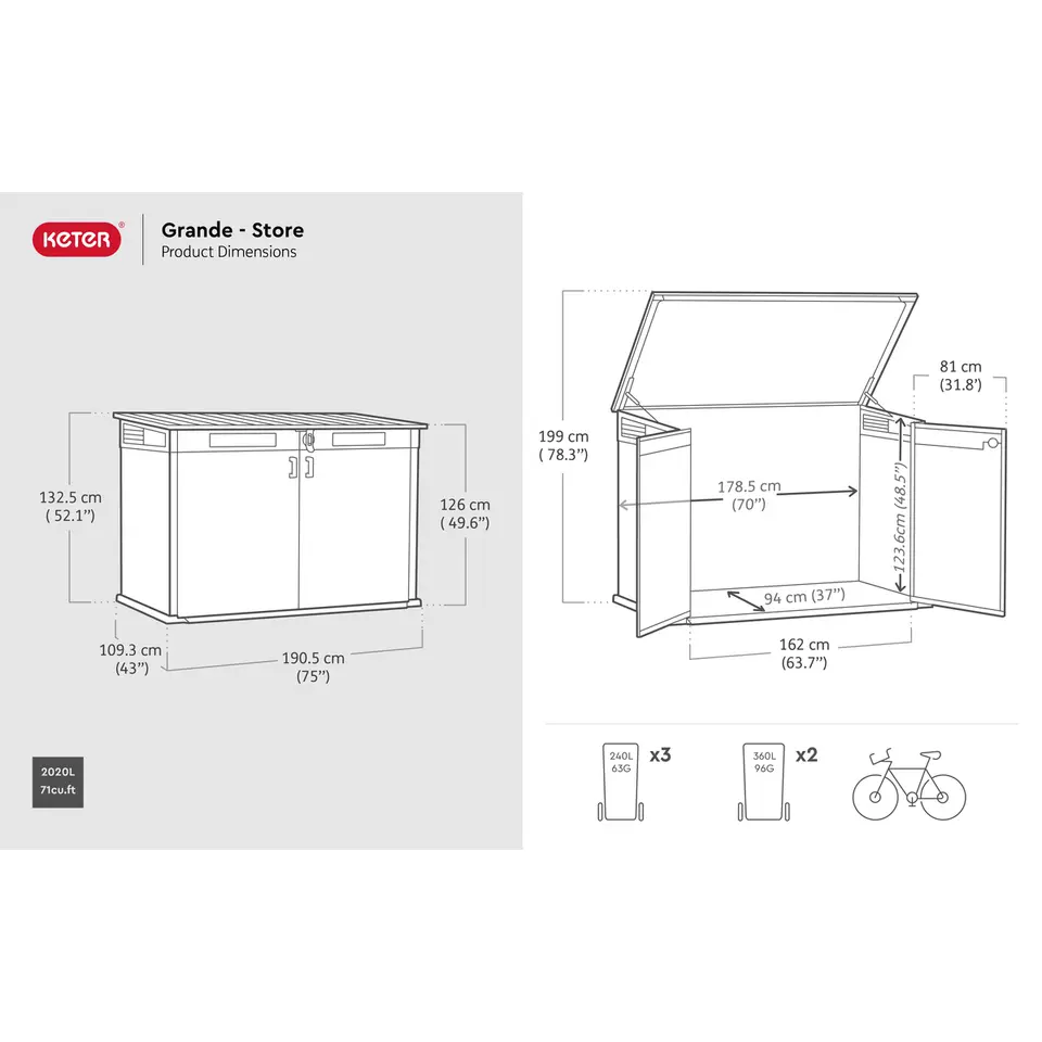Keter Cortina Mega Opbergkast - 190x109x132,5 cm - Grijs