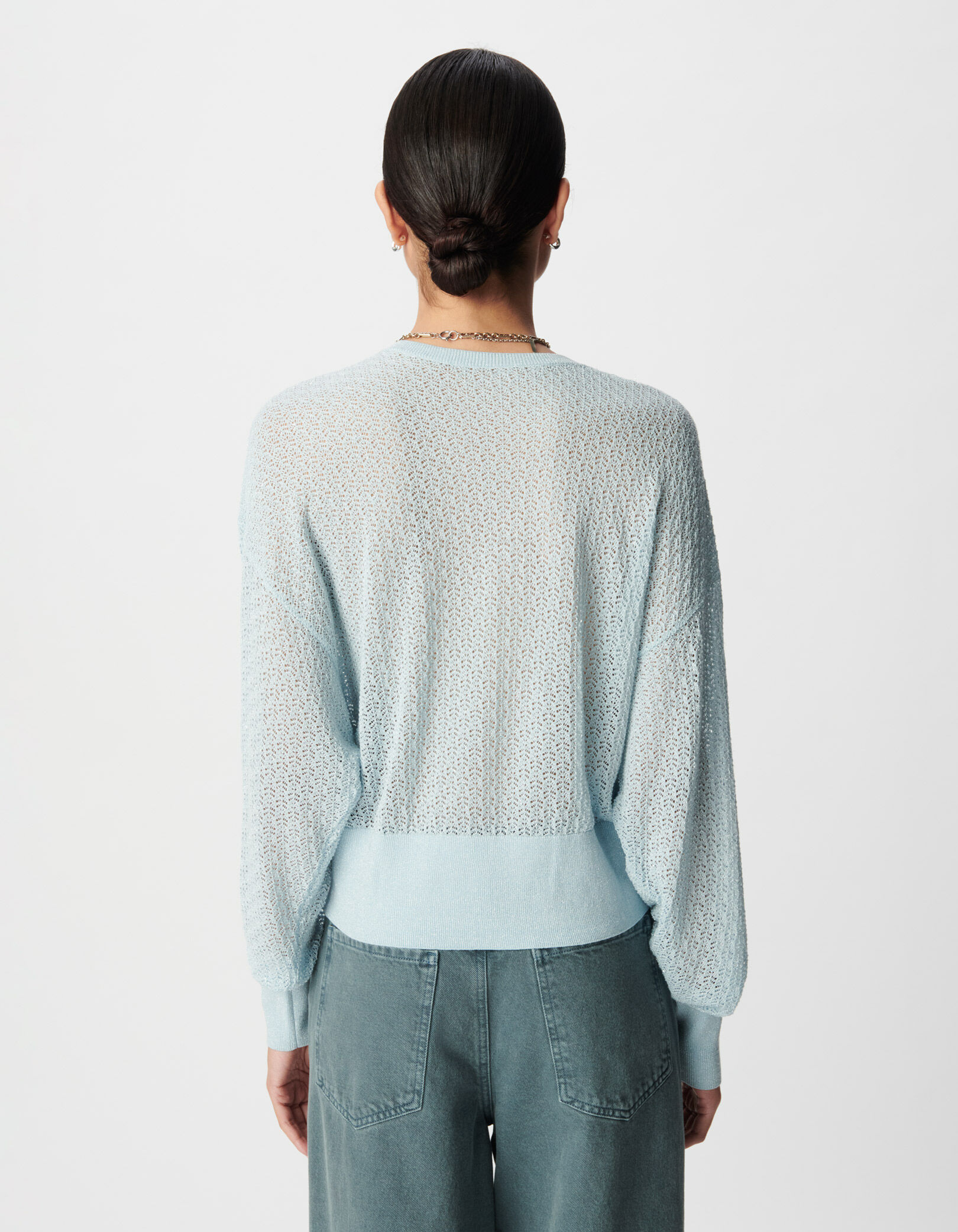 Pull chic beige tricot fantaisie pailleté ajouré Femme
