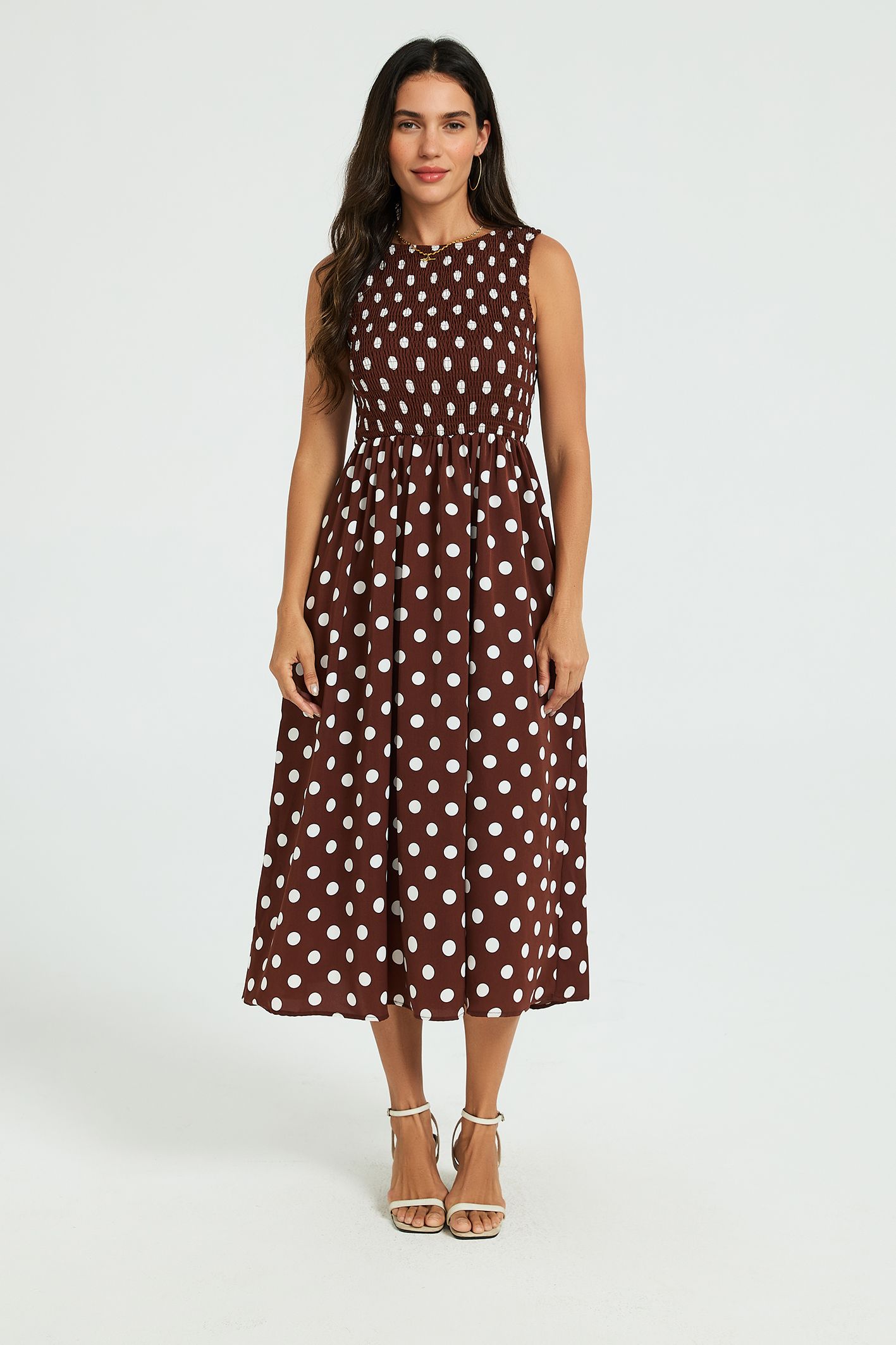FS Collection Polka Dot Shirred Bodice Tie Back Sleeveless Midi Dress