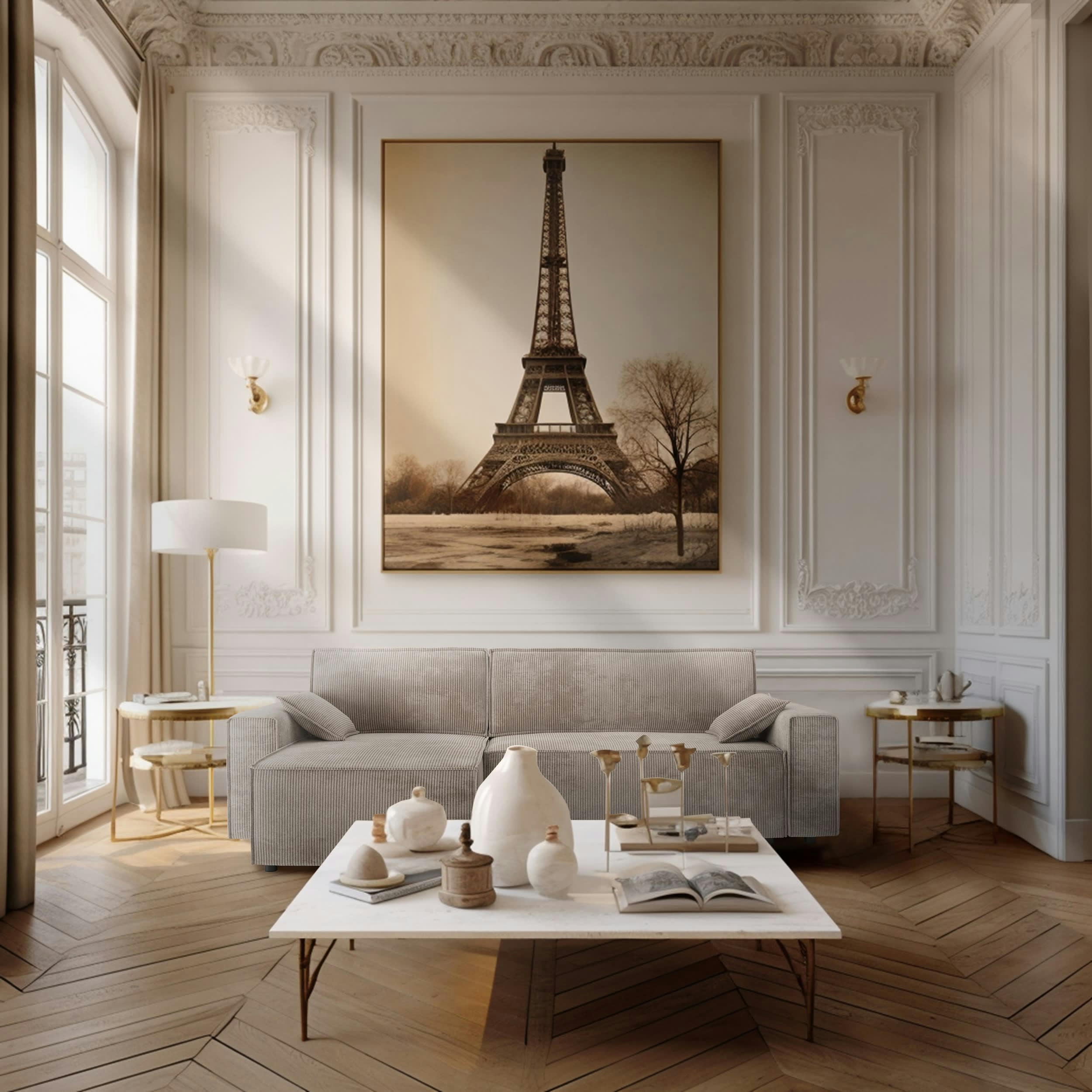 DURIF - Canapé d'angle convertible 4 places en velours côtelé grège