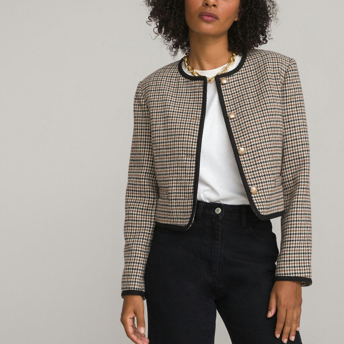 Veste courte cintrée, motif pied-de-poule