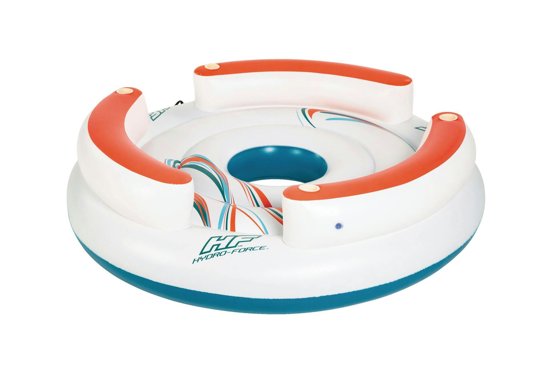 HydroForce™ Lazy Dayz Inflatable Floating River/Lake 6-Person Party Island w/Cupholders & Back Rest, White/Orange/Blue