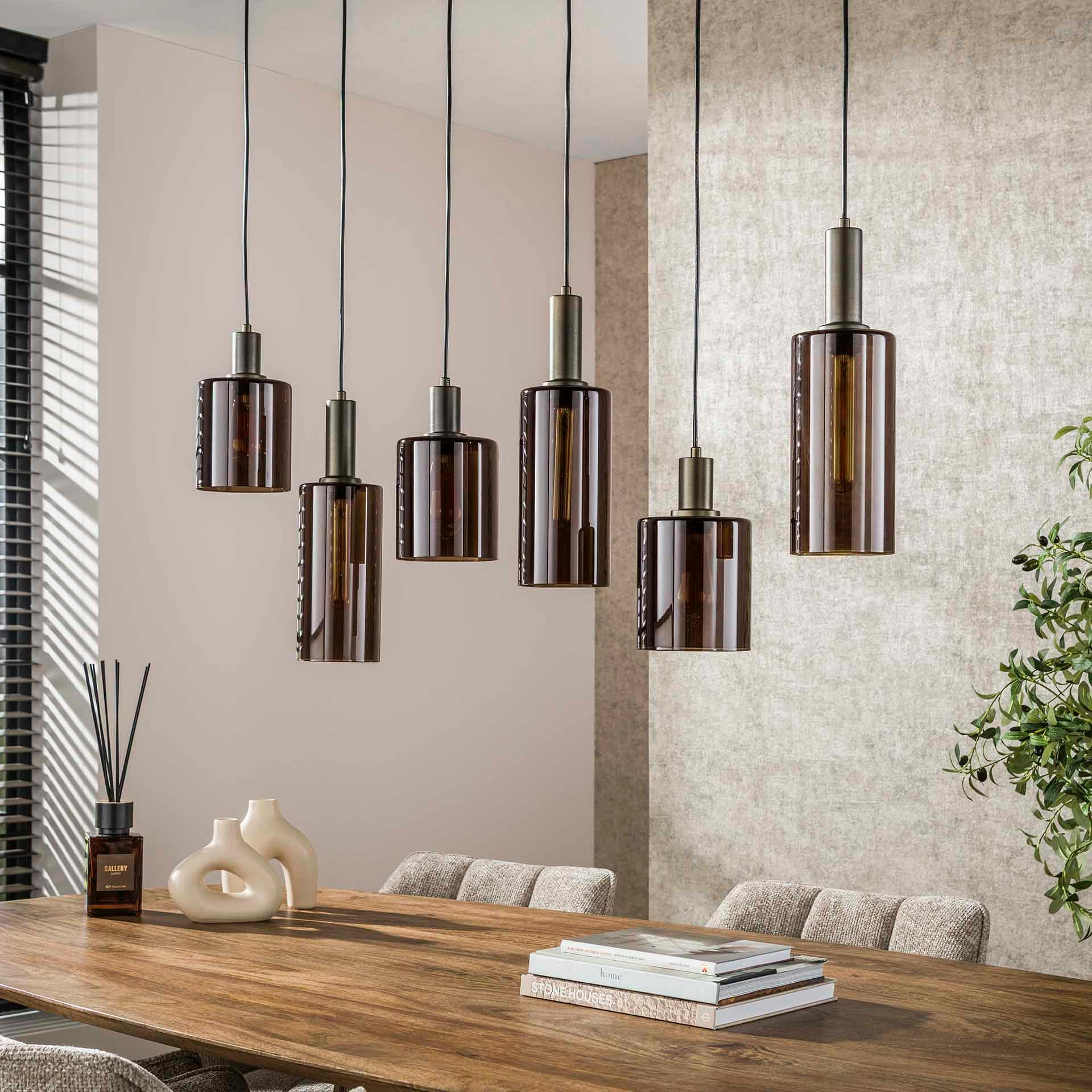 Suspension vintage en verre – 6 abat–jour bruns NOVA