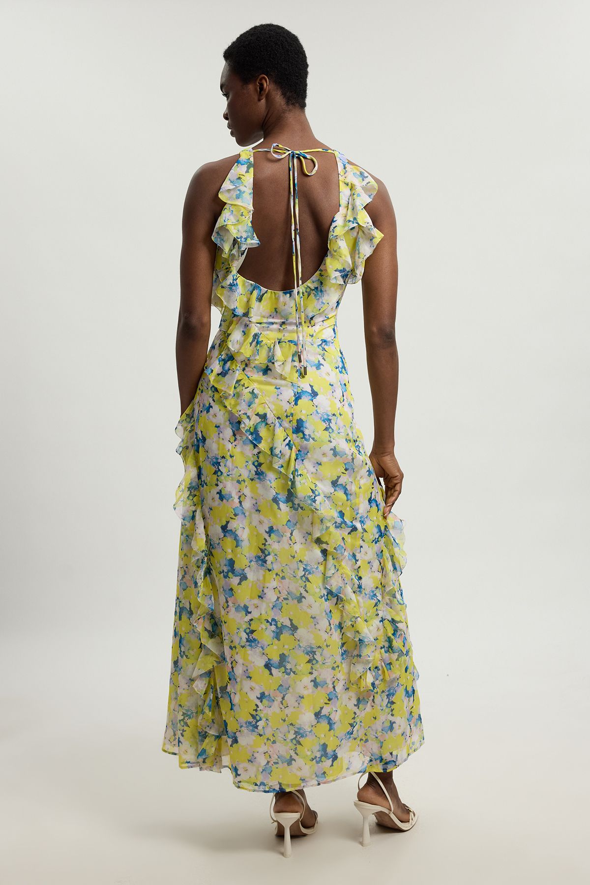 KarenMillen Petite Floral Crinkle Georgette Ruffle Detail Halter Neck Woven Maxi Dress
