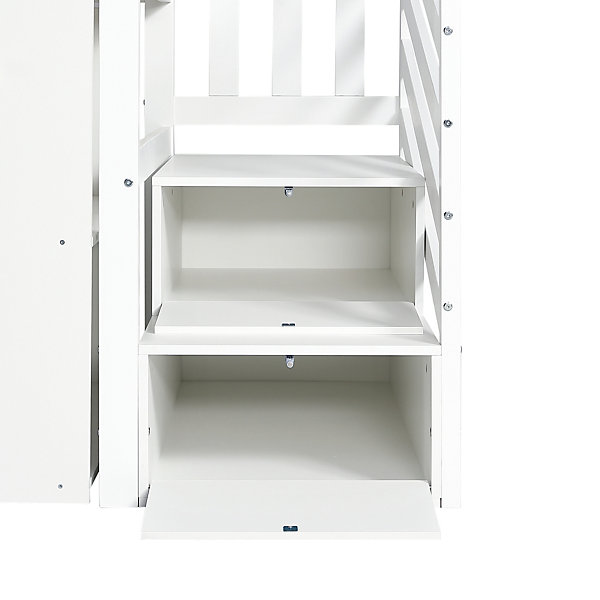Lit multifonction 90x200 cm avec sécurité, bureau, armoire, étagères, cadre bois blanc
