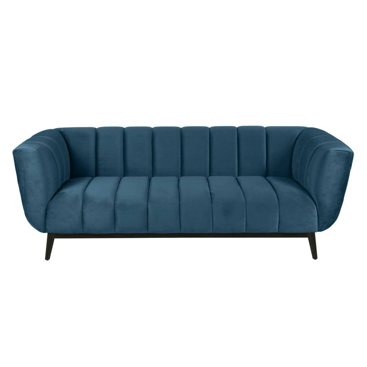 AMARO - Canapé velours 3 places bleu capitonné