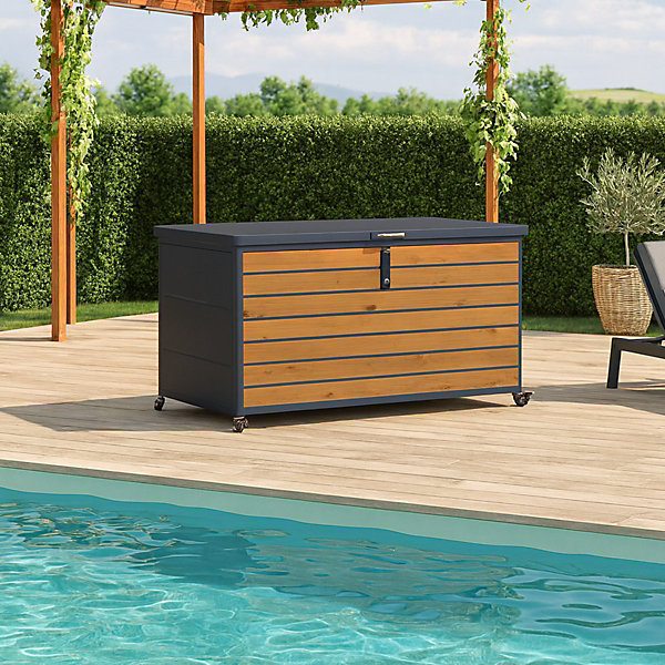 Coffre de jardin 460 L à roulettes métal imitation bois