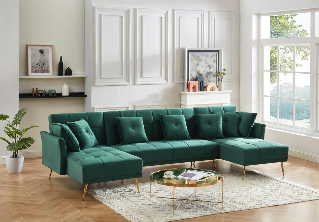 AROMA - Canapé panoramique convertible en velours 6 places vert