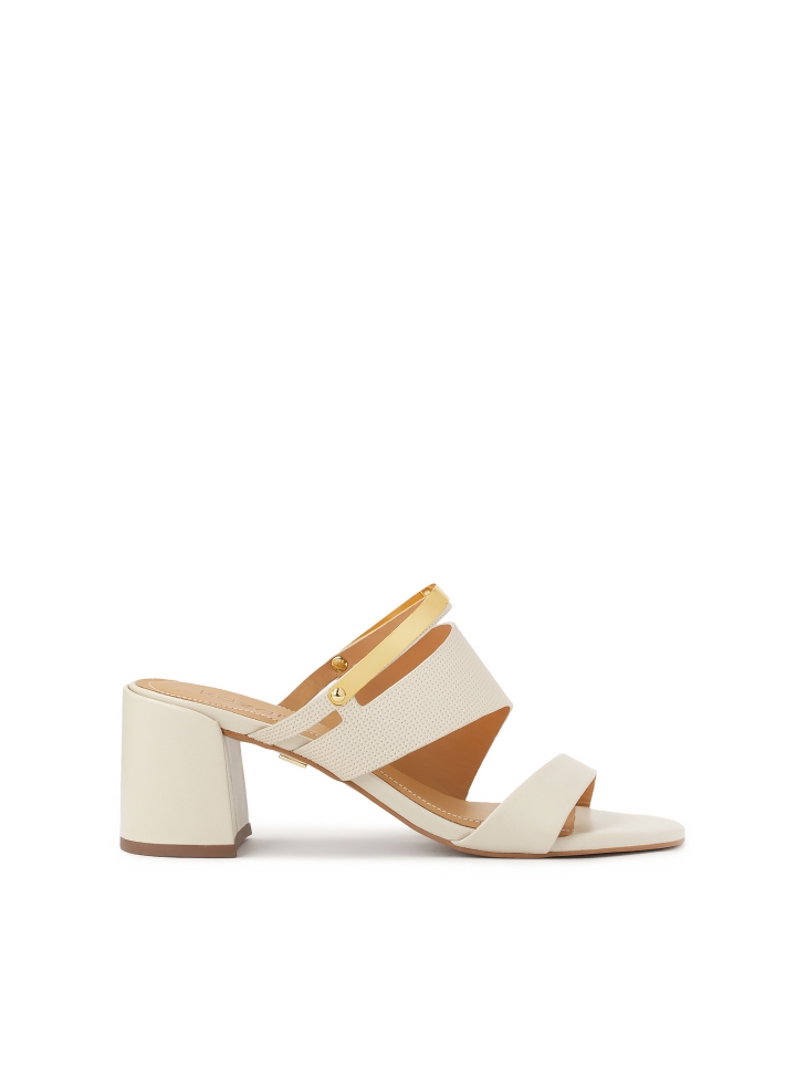 Heeled mules with metal strap decoration