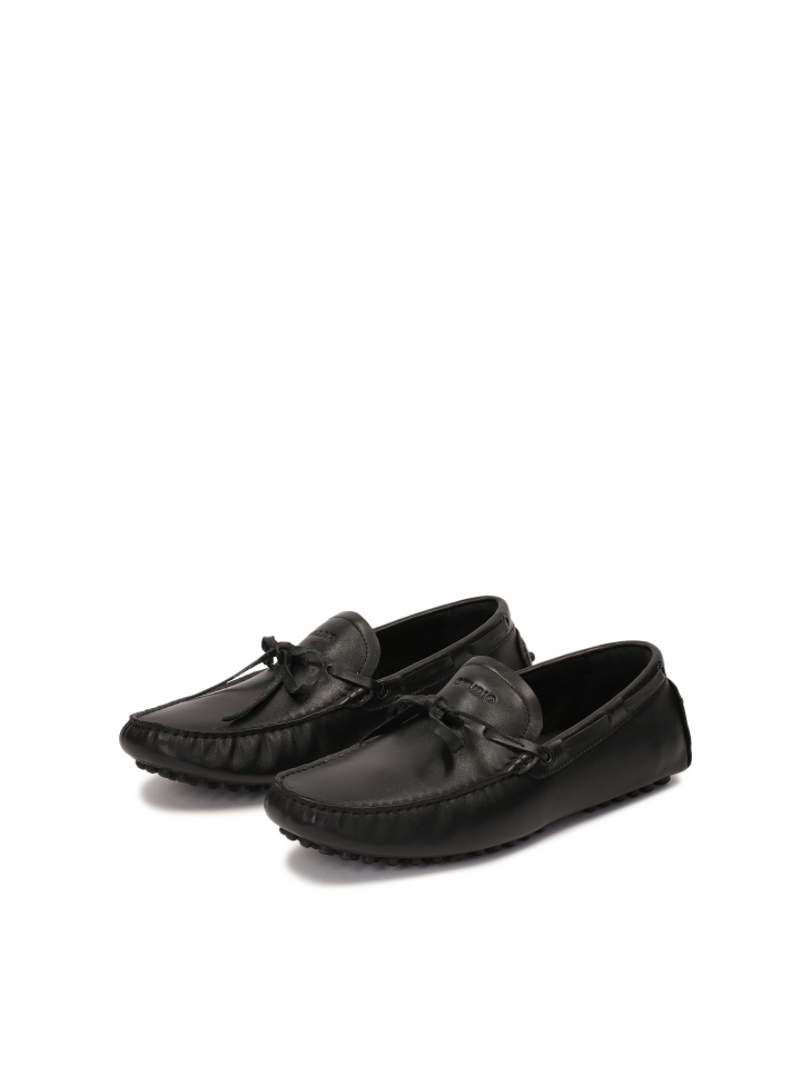 Black leather moccasins with lace-up thong
