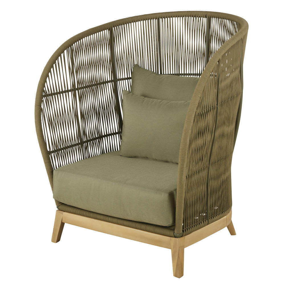 Kotao - Fauteuil de jardin en corde tressée vert kaki avec dossier haut