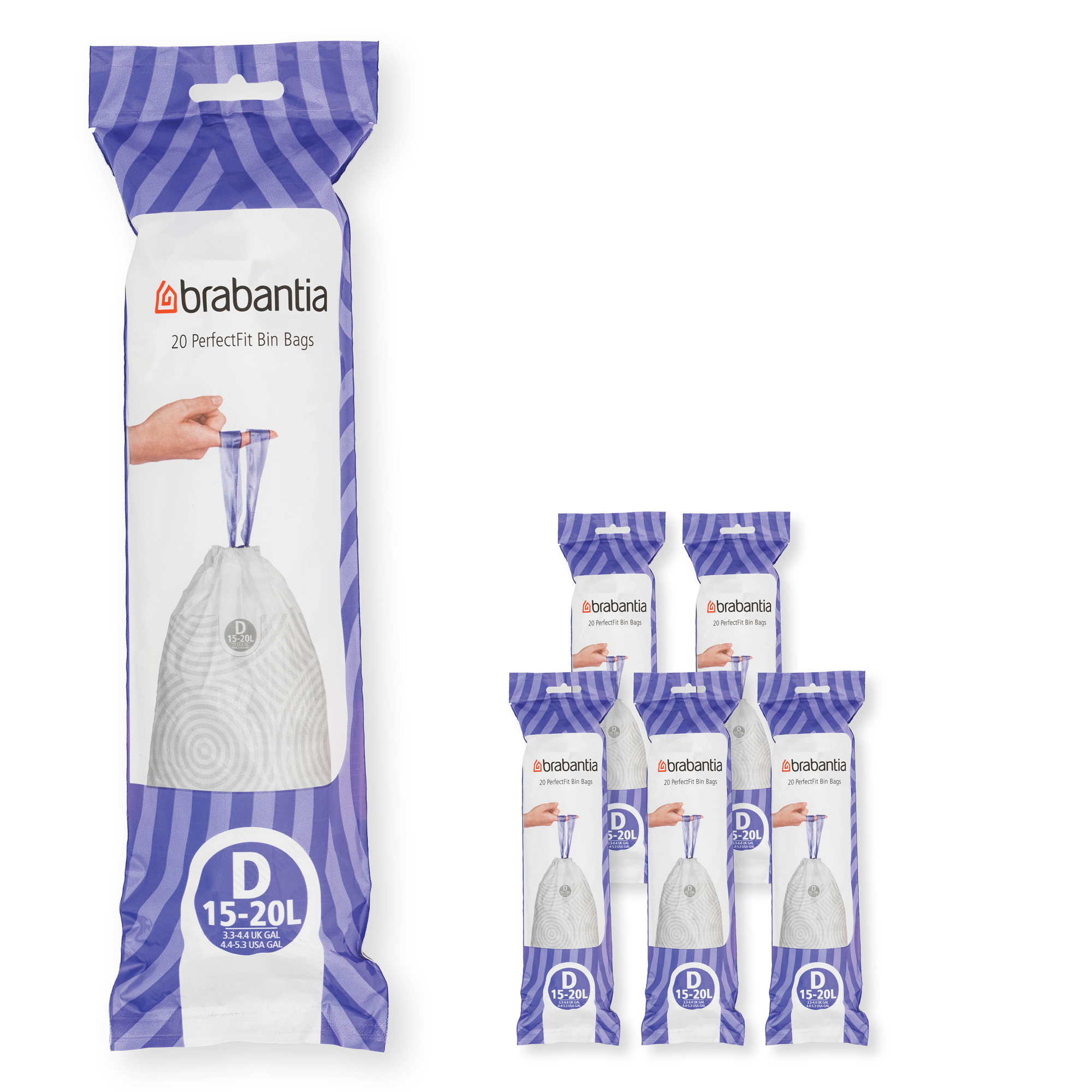 Brabantia PerfectFit Afvalzak, code D, 15-20 liter, 120 stuks, set van 6 rollen - White