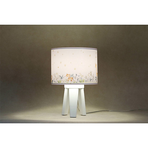 Lampe de chevet enfant Sweet Dream 22,5 x 22,5 x 33 cm Tissu PVC imprimé animaux de la savanne sur fond blanc, intérieur blanc