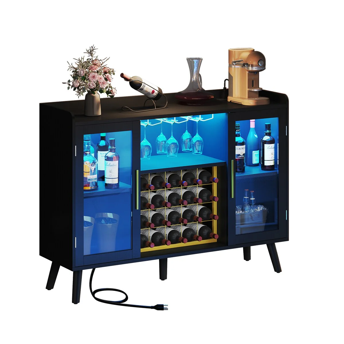 53 Wine Bar Cabinet Coffee Bar Cabinet for Liquor and Glasses with Led Lights & Power Outlets