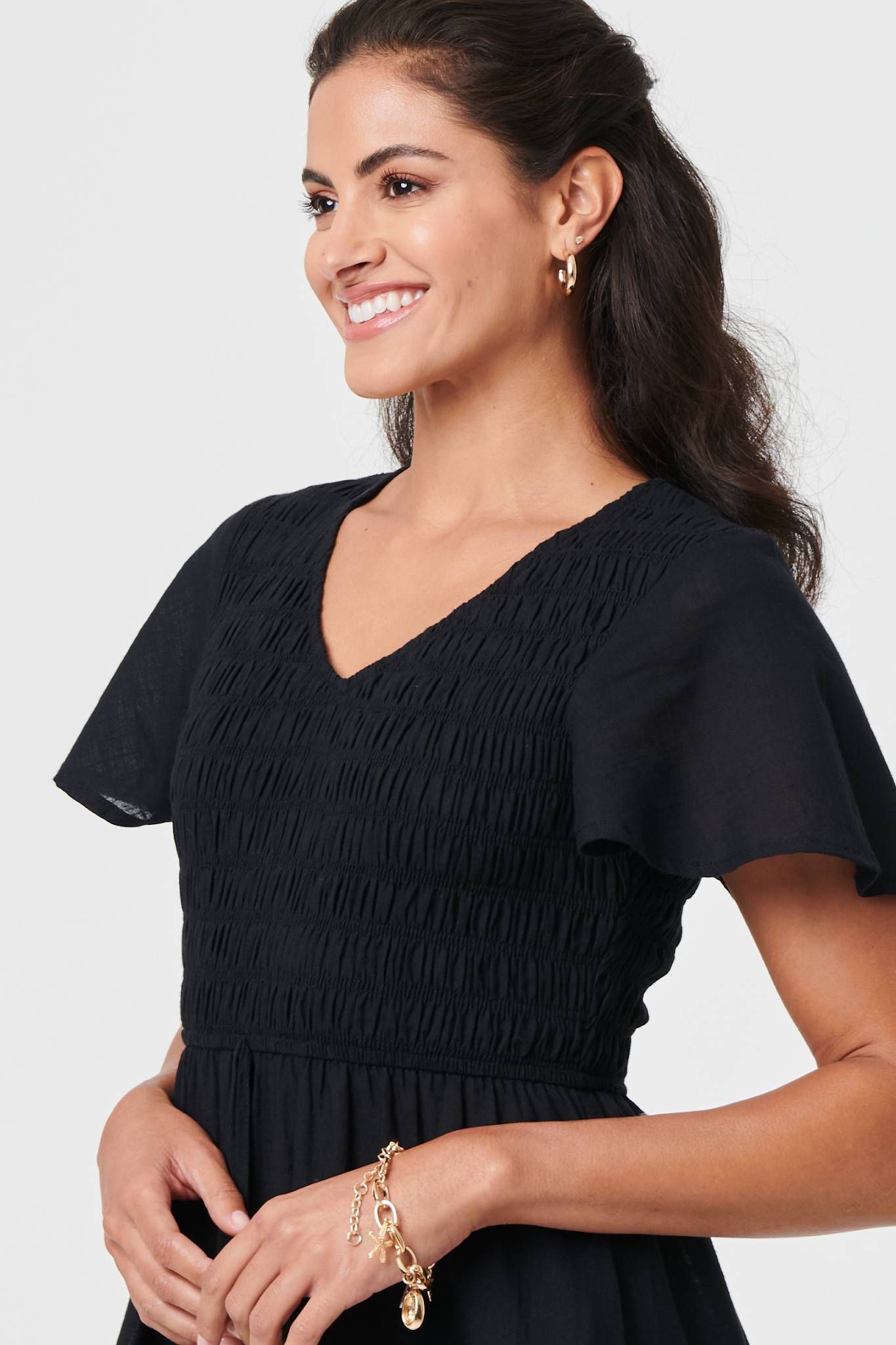 Izabel London Smocked Flared Sleeve Tiered Midi Dress