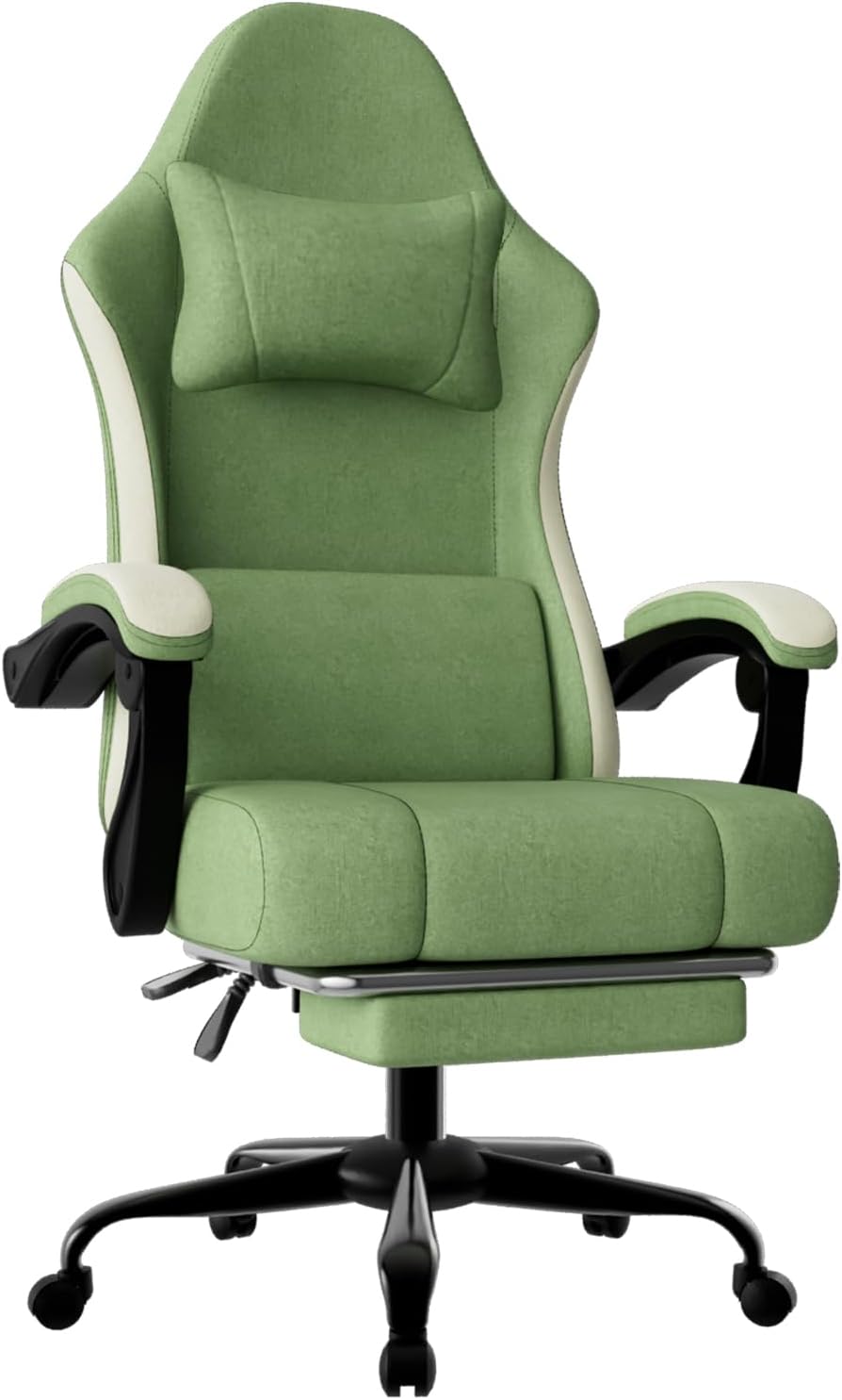 Gaming Chair, High Back Fabric Computer Chair with Pocketed Spring Cushion and Footrest, Height Adjustable Game Chair with Headrest and Lumbar Support (Beige & Green)