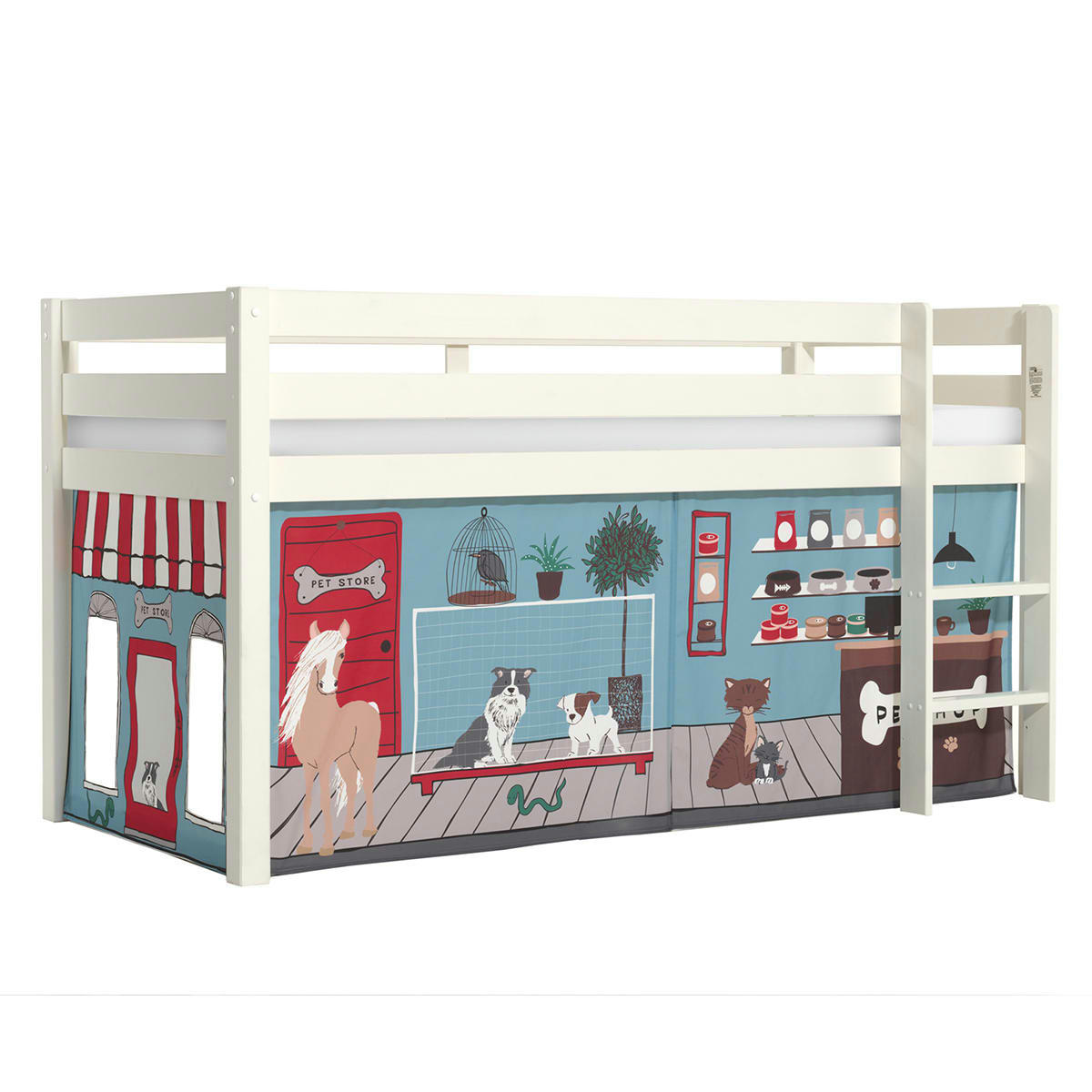 PINO - Lit mi-hauteur 90x200 sommier inclus housse pet shop blanc