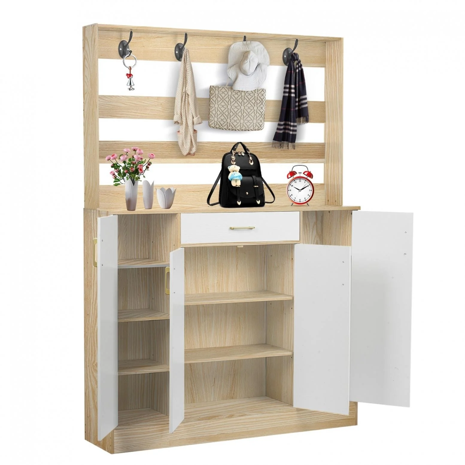 White/ Tan Household Entryway Coat Rack/ Shoe Cabinet