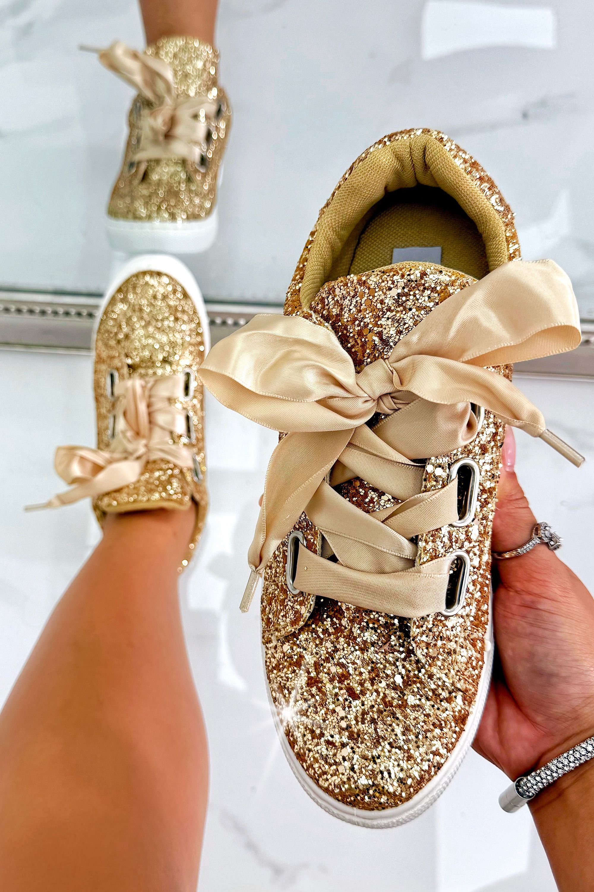 Love Lemonade Sparkly Glitter Satin Ribbon Lace Trainers