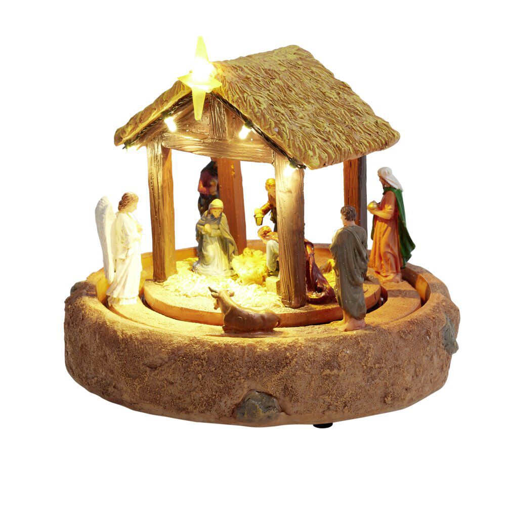 Crèche de No&euml;l à poser lumineuse musicale animée rotation 360° Ø19xH17,5cm