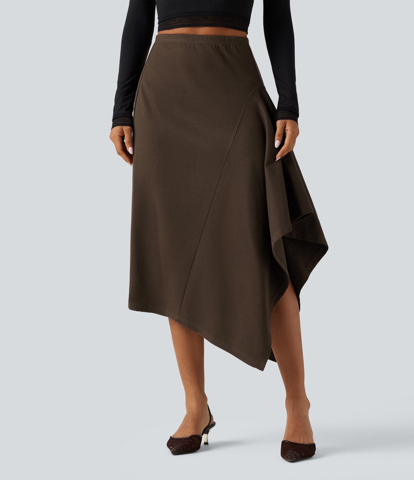 Jupe midi taille haute coupe trapèze à ourlet asymétrique