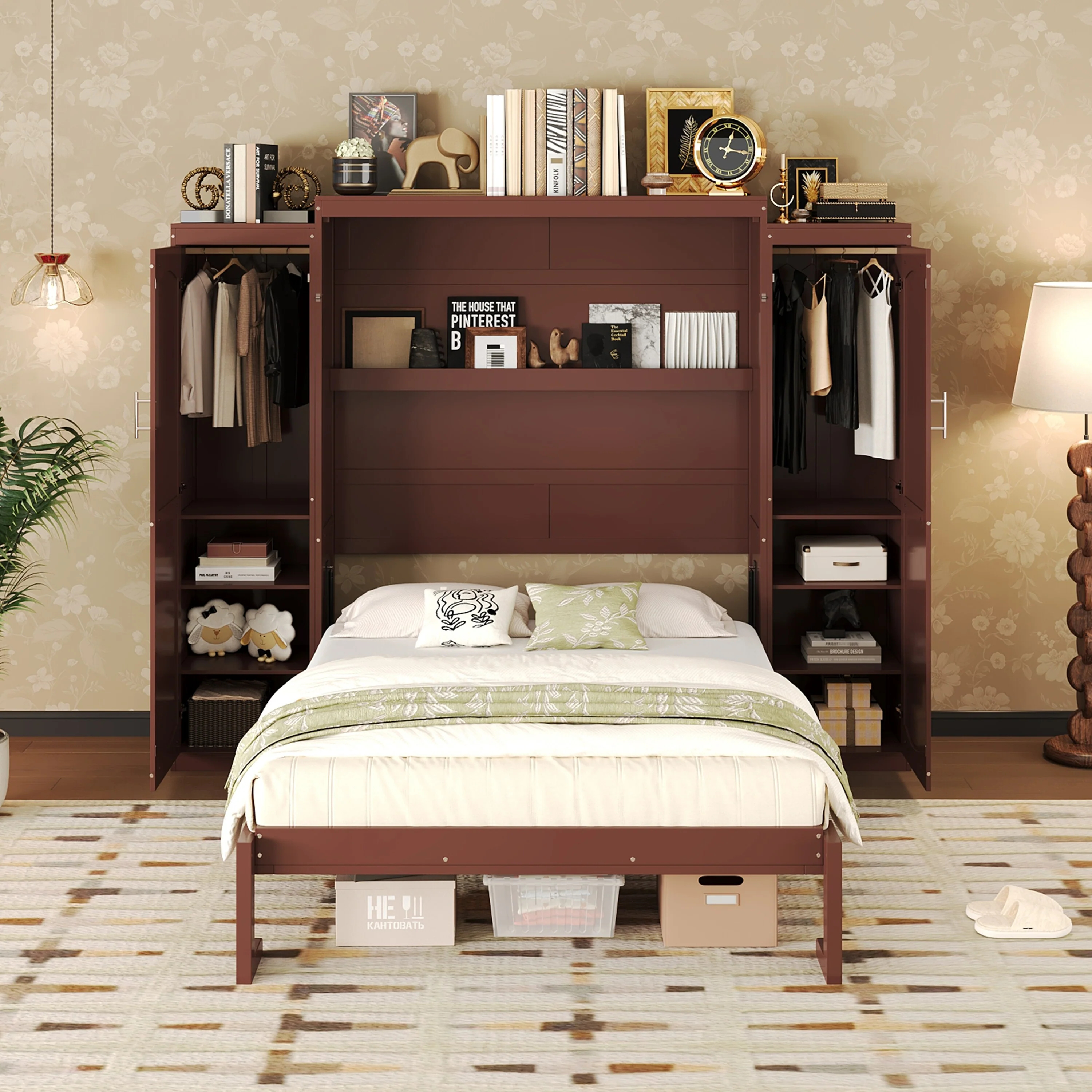 Full Size Murphy Bed, Wooden Full Wall Bed with 2 Wardrobe and Storage Shelf, Multifunctional Foldable Platform Bedframe