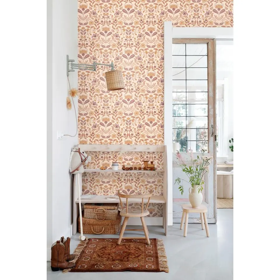 ESTAhome behang vintage bloemen beige en paars - 50 x 900 cm
