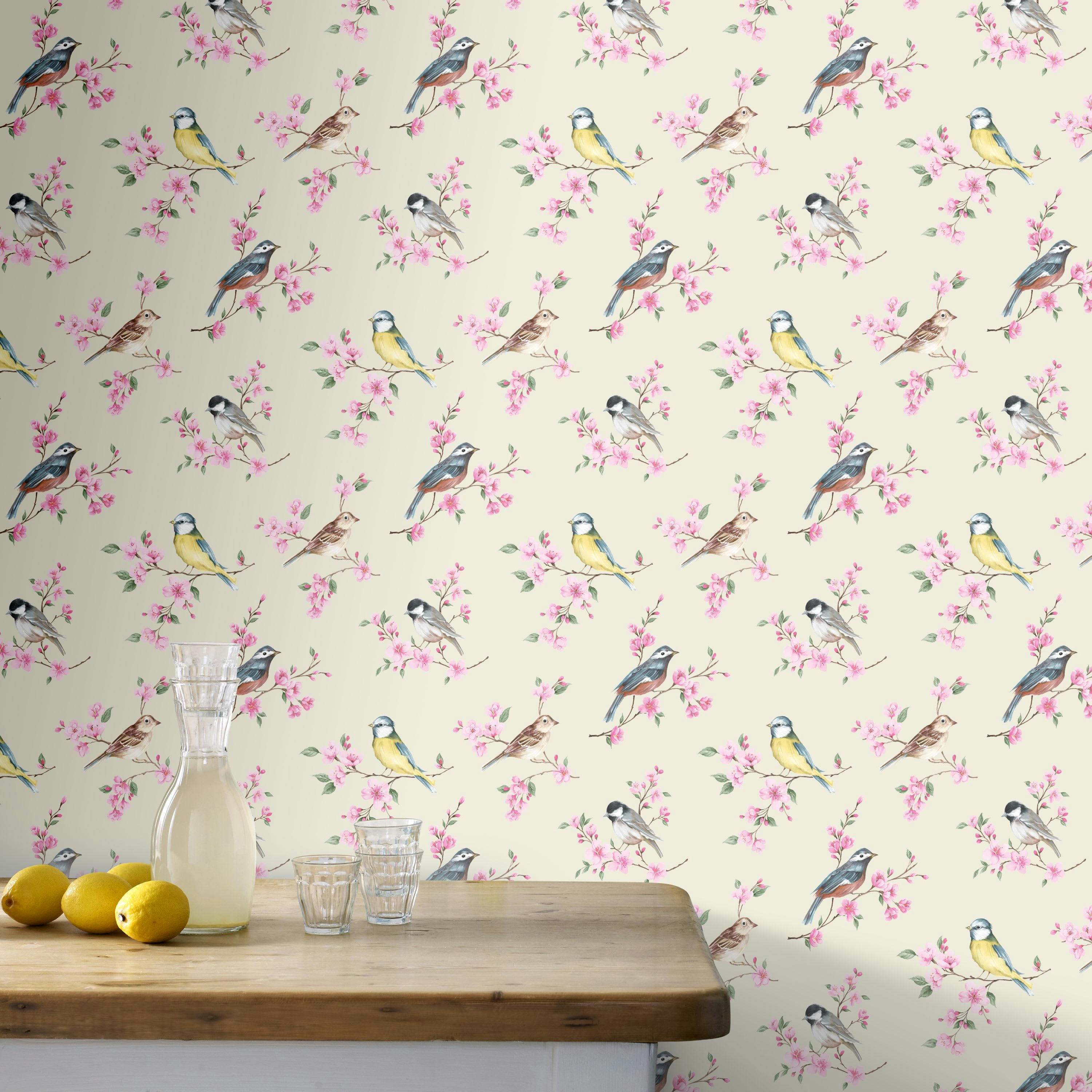 OISEAUX - Papier peint intissé oiseaux sur branches rose taupe 1005x52cm