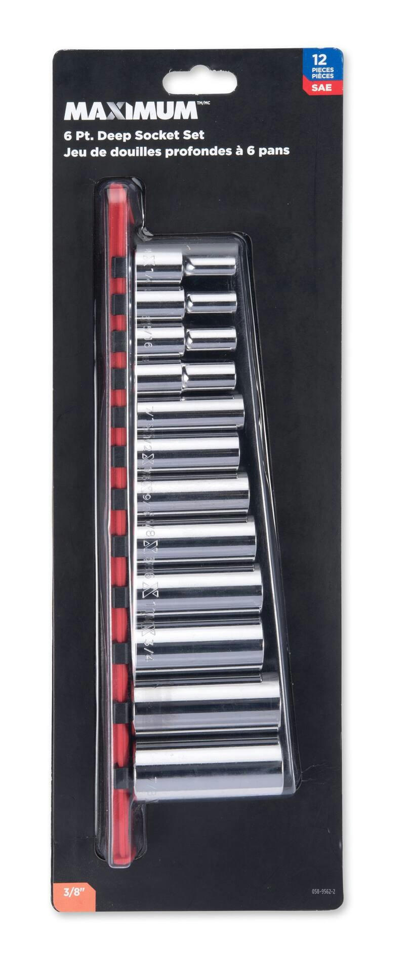 MAXIMUM 3/8-in Drive Deep Socket Set 12-pc, SAE, CRV, Nickel-Chrome Plating