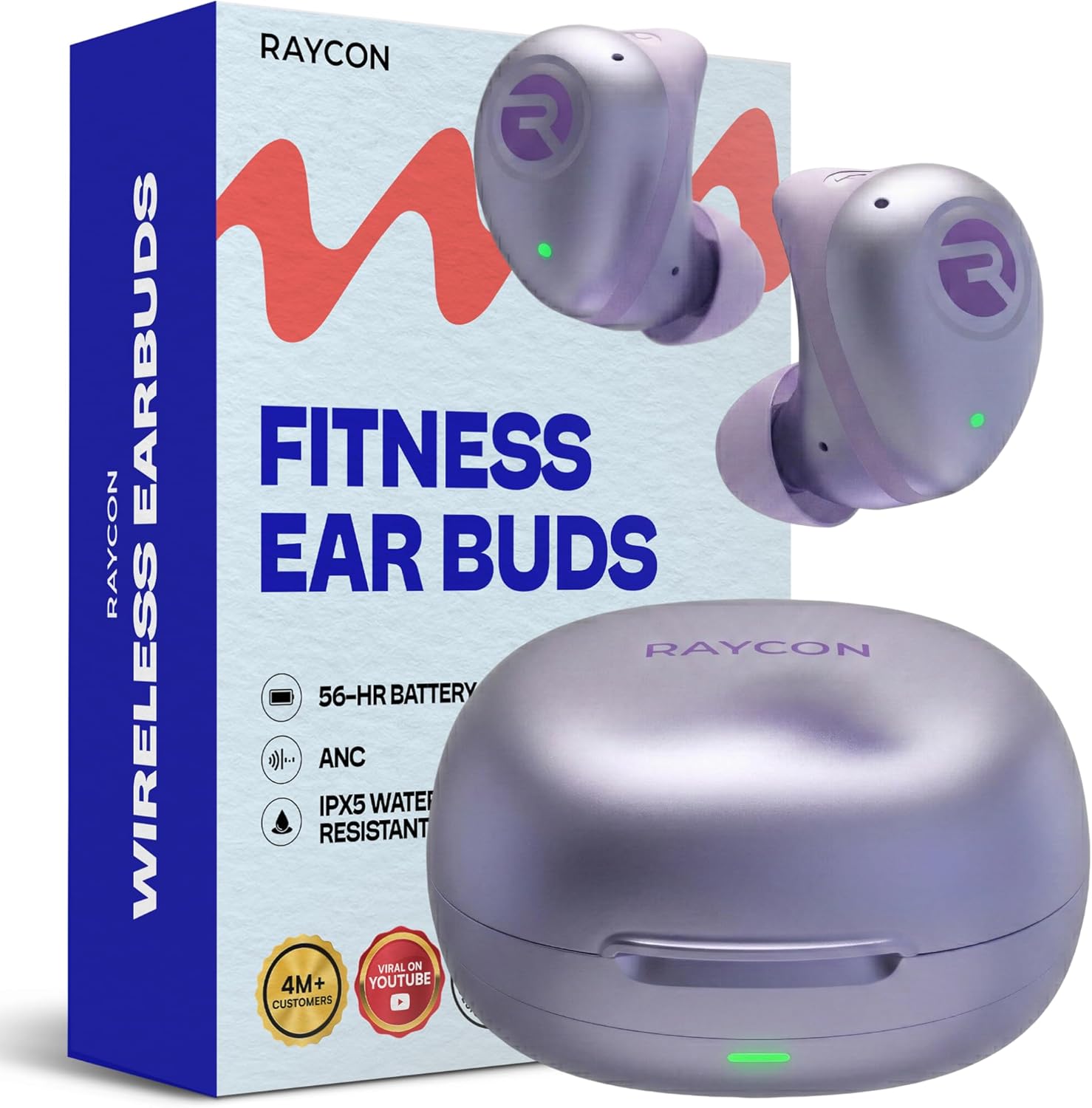 Raycon Fitness Bluetooth Wireless Earbuds + Microphone with Active Noise Canceling, Sweat & Water-Resistant Earphones, Running Headphones, Ear Buds Wireless Bluetooth 56 Hours Playtime (Purple)