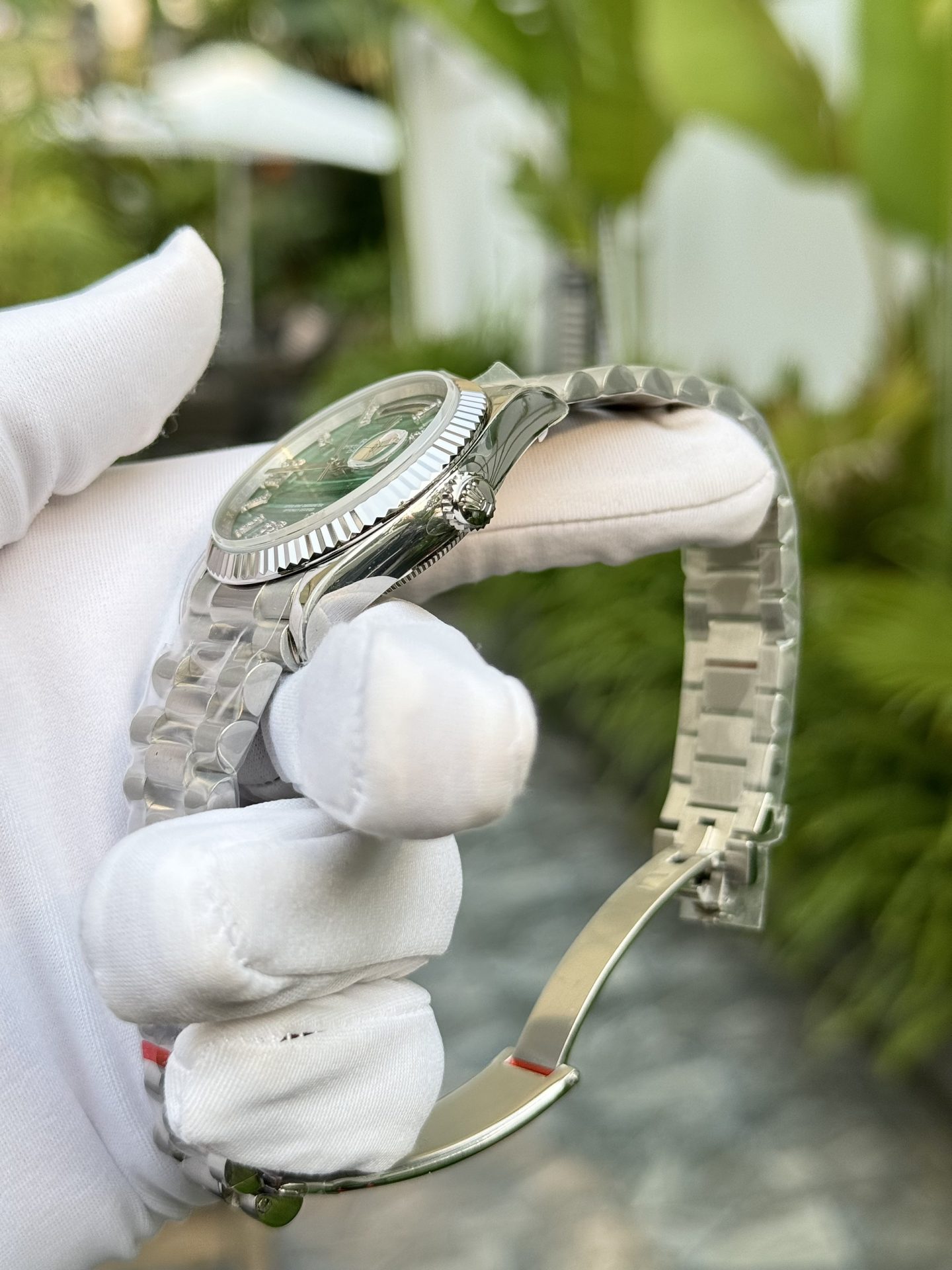 Rolex Day-Date 904L Steel Green Roman Dial CZ Diamonds 40mm Super Clone