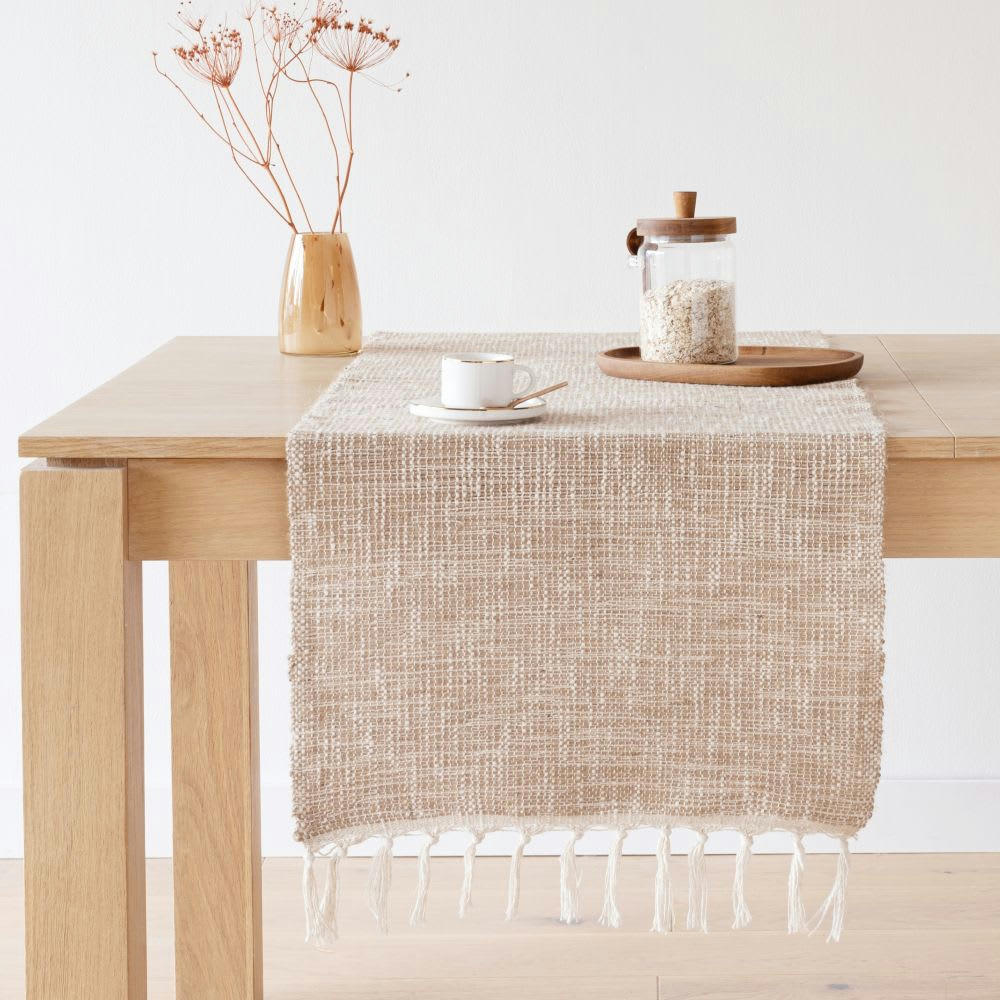 BERTIER - Chemin de table en jute et coton à franges beiges 48x150