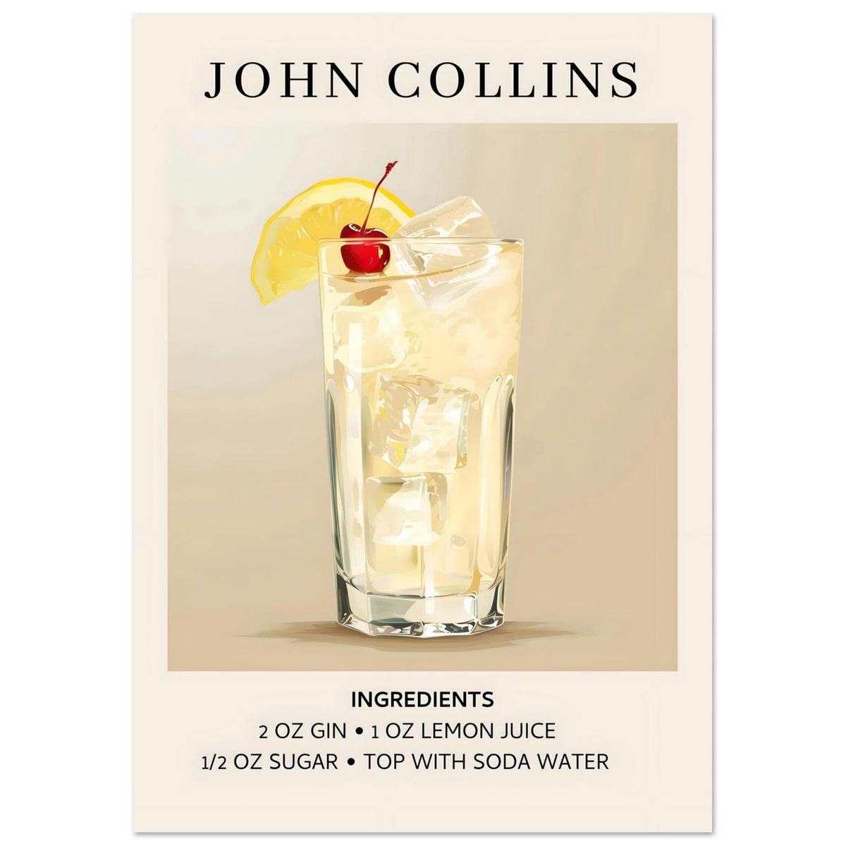 Artfulprints Poster John Collins cocktail - Ingrediënten  - A4 21x29.7 cm - Taupe