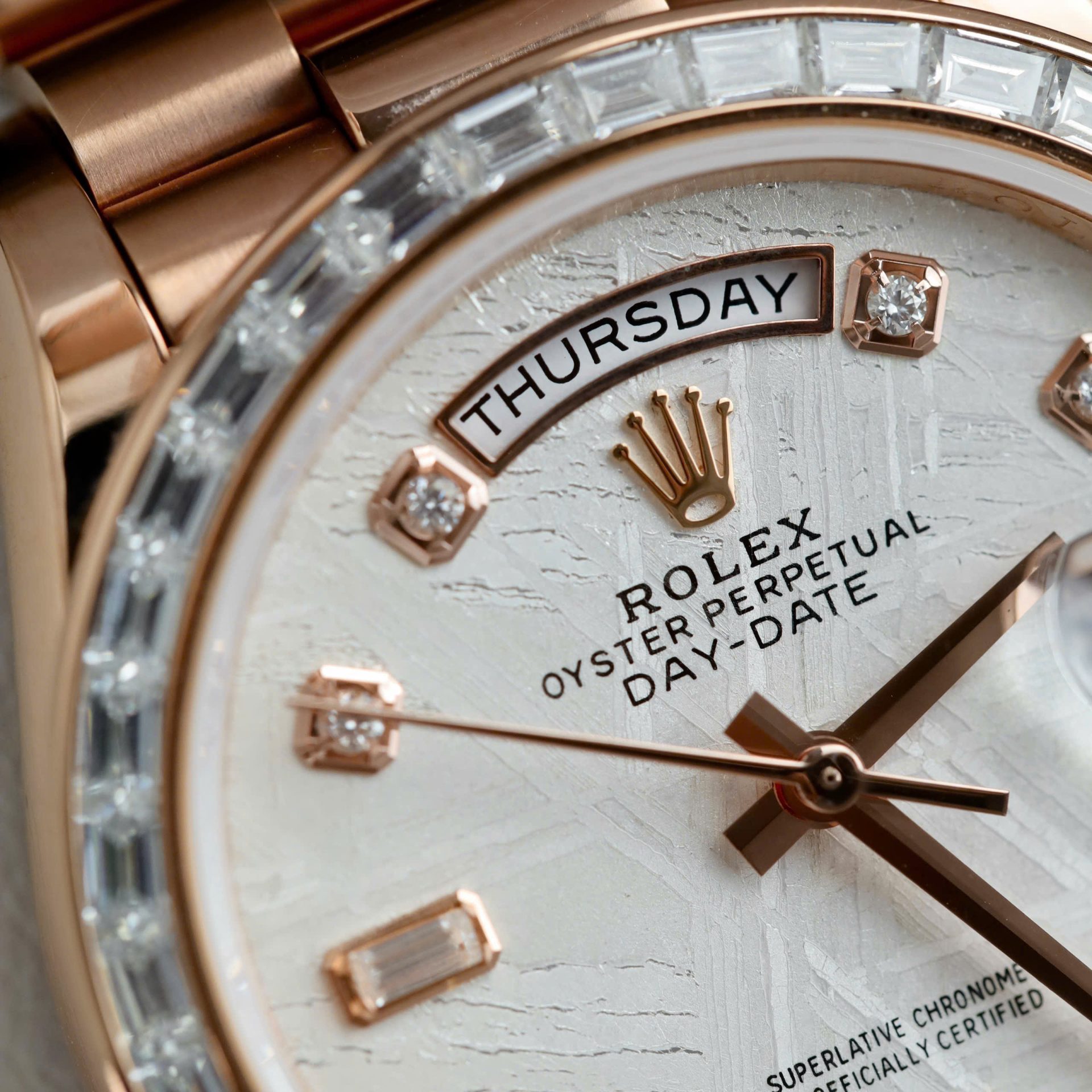 Rolex Day-Date RG Plated Meteorite Dial Baguette Diamond 36mm Super Clone