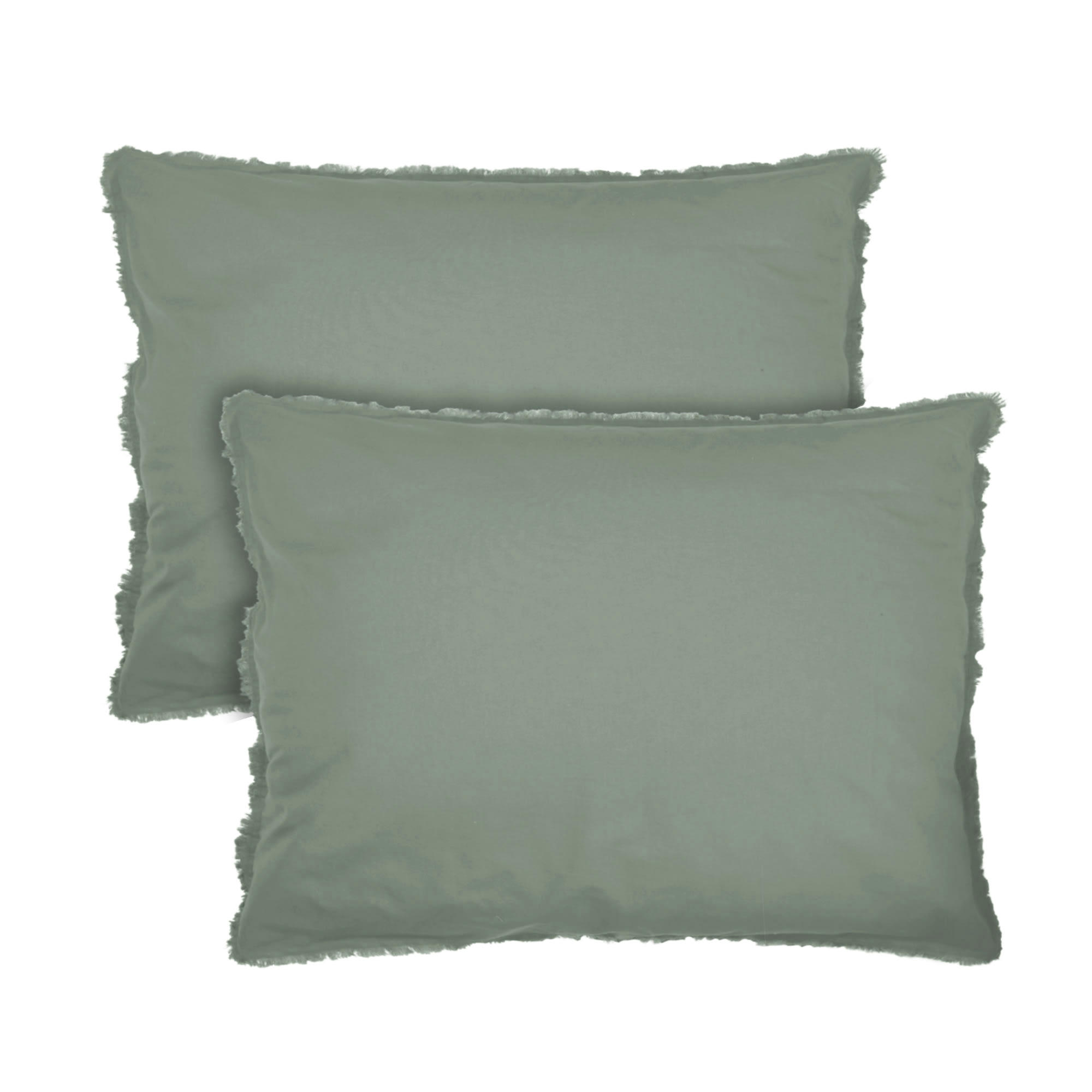 COTON LAVÉ - Set de 2 taies d’oreiller unies finition à franges Lichen 50x70cm