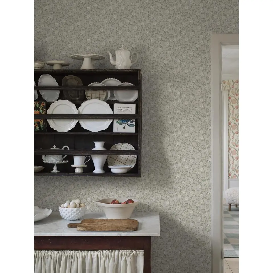 Borastapeter behang bloemen vergrijsd groen - 53 cm x 10.05 m