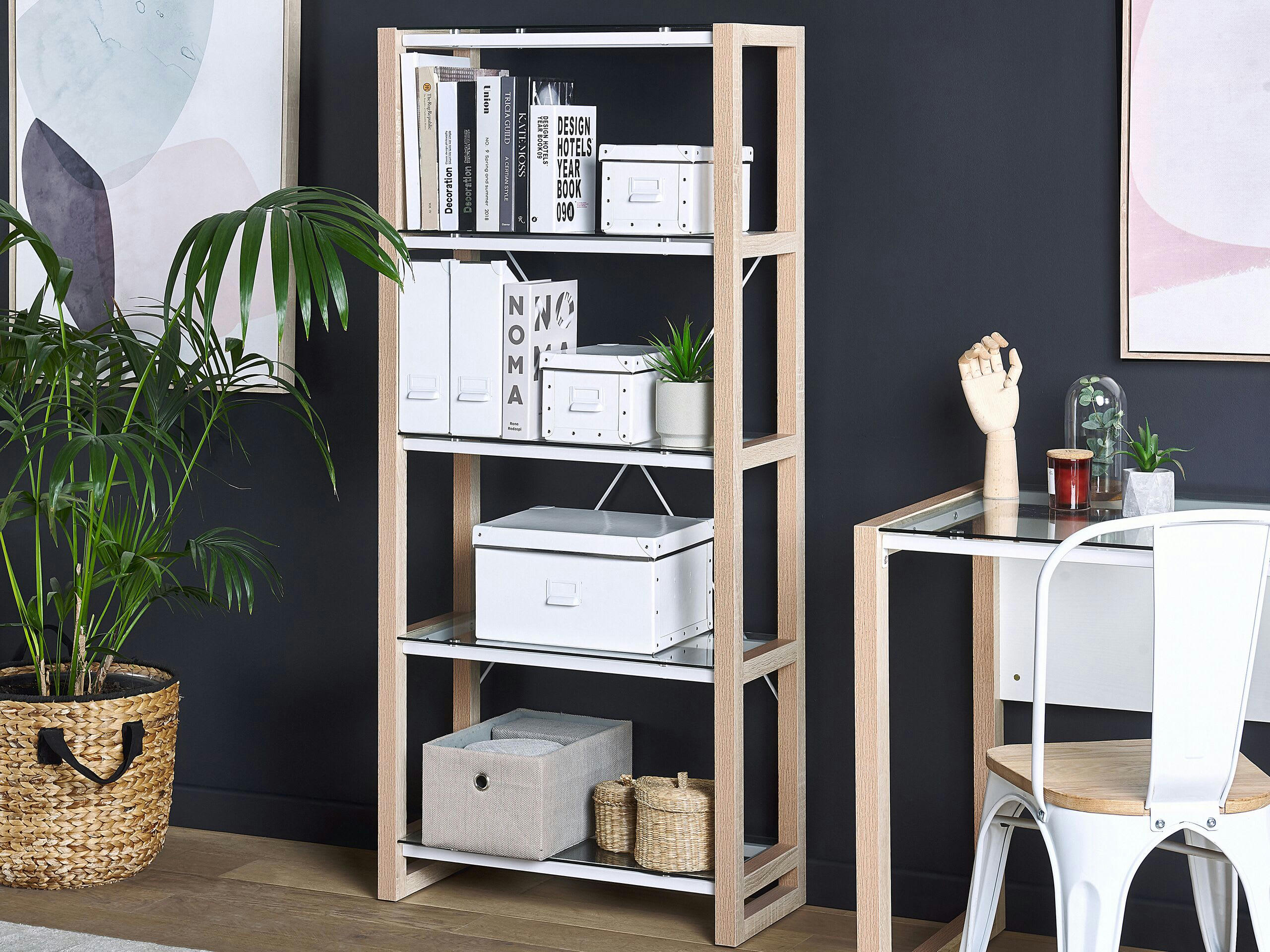 JENKS - Bibliothèque effet bois clair blanc 4 niveaux