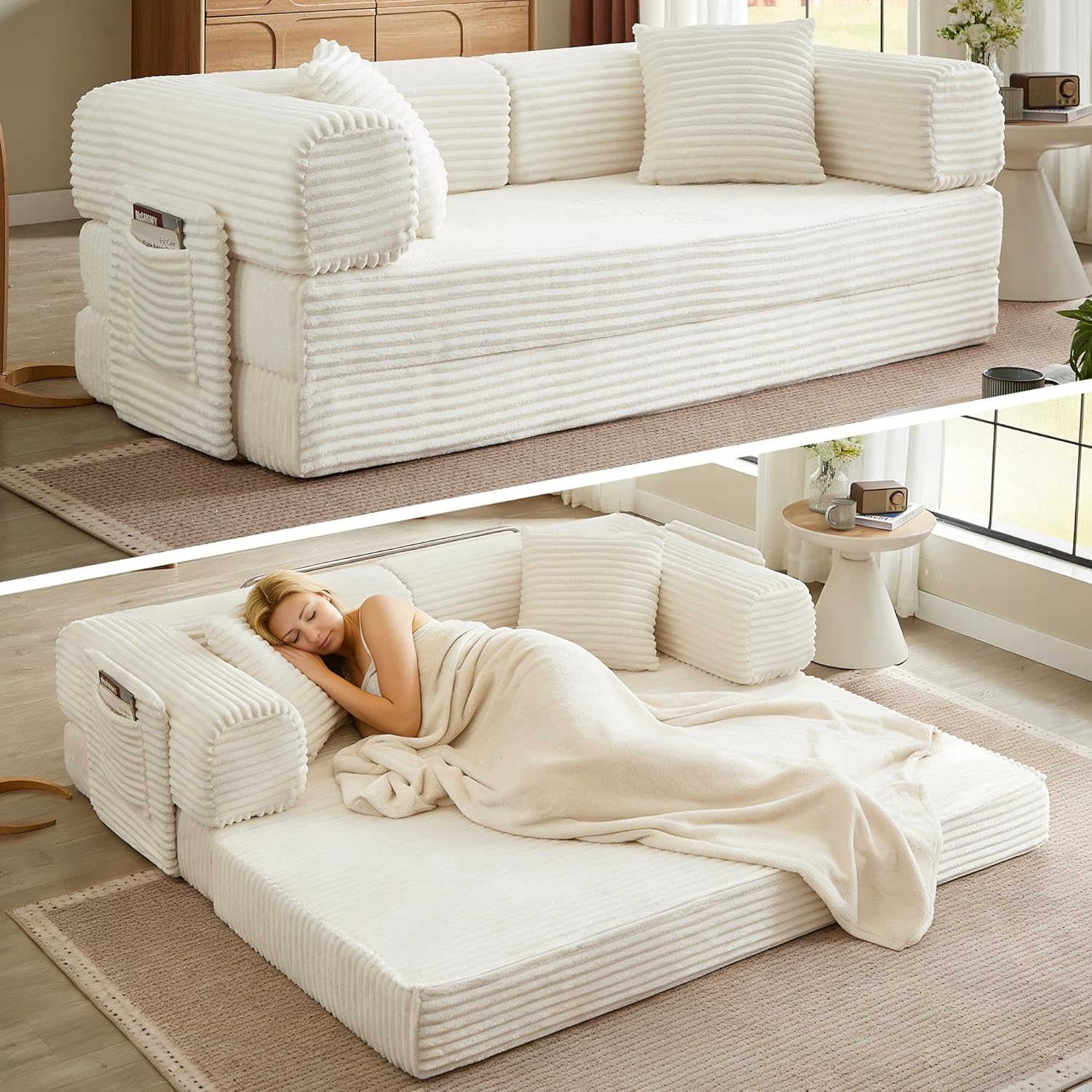 Boneless Couch Folding Couches for Living Room Sofa, Futon Sofa Bed with Sleeper Sofa, Futon Couch with Fixed-Shape Oversized Corduroy Upholstered (White, 81 Inches)