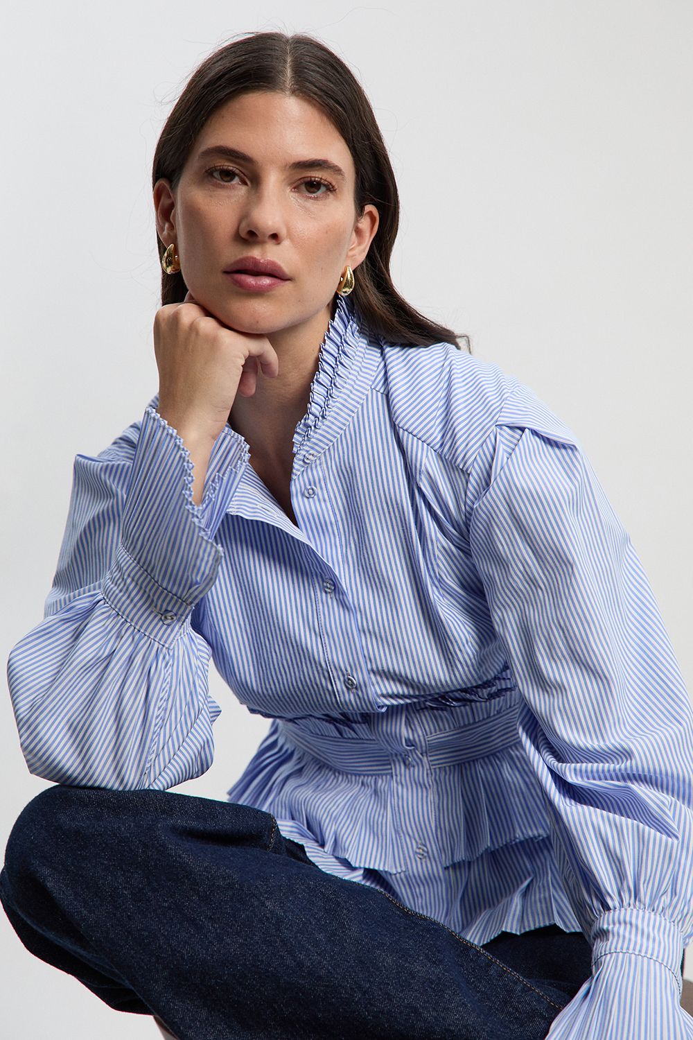 KarenMillen Cotton Poplin Stripe Tiered Ruffle Detail Long Sleeve Woven Blouse