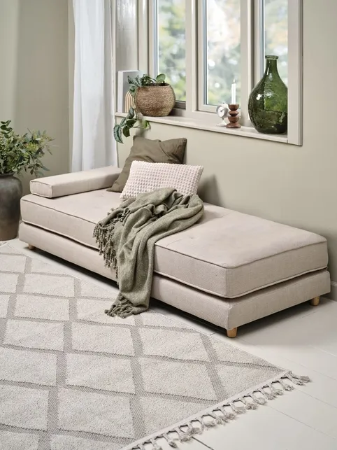 Daybed VARMARK 190x76 m/pude beige stof/egefarve