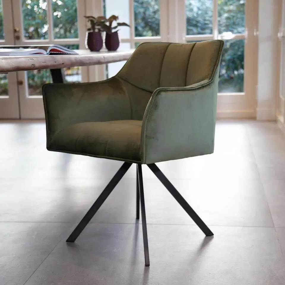 Eetkamerstoel Met Armleuning - Velvet Groen - Draaibaar - Set van 2