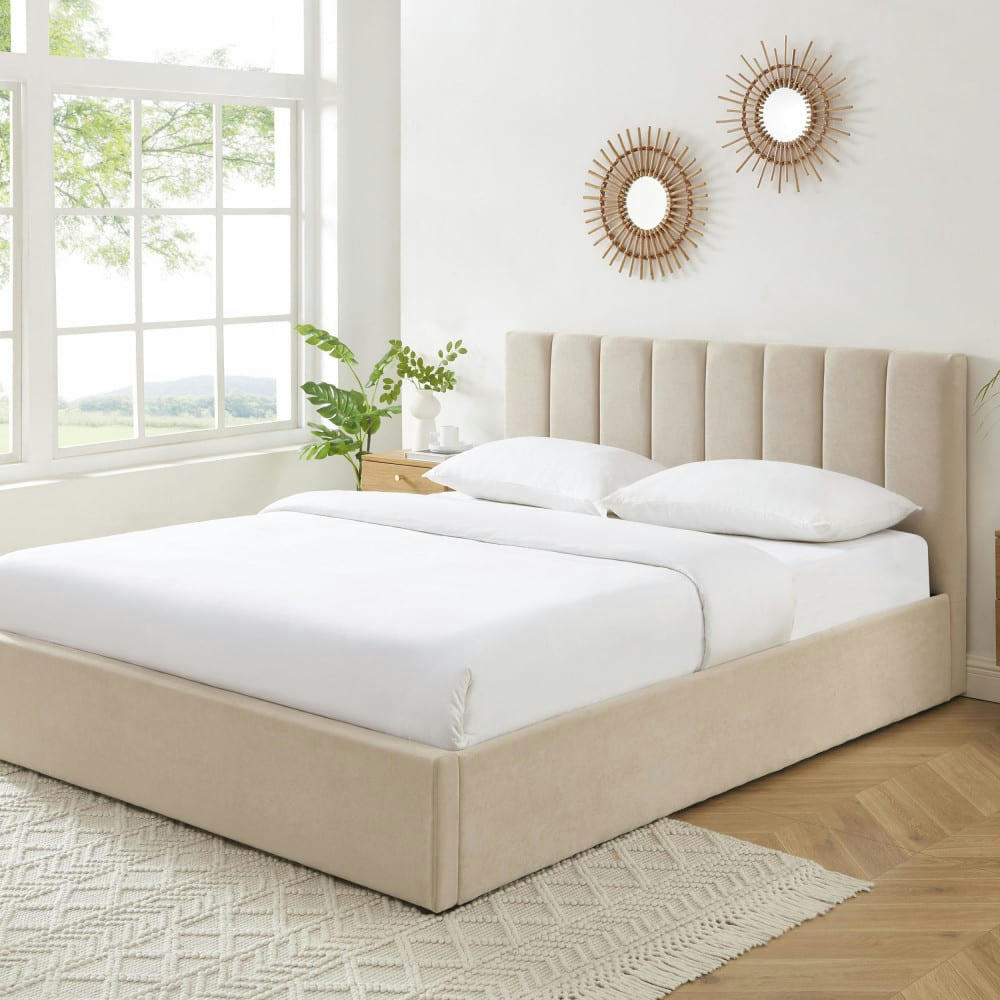 BILLIE - Lit coffre matelassé en tissu 160x200cm beige