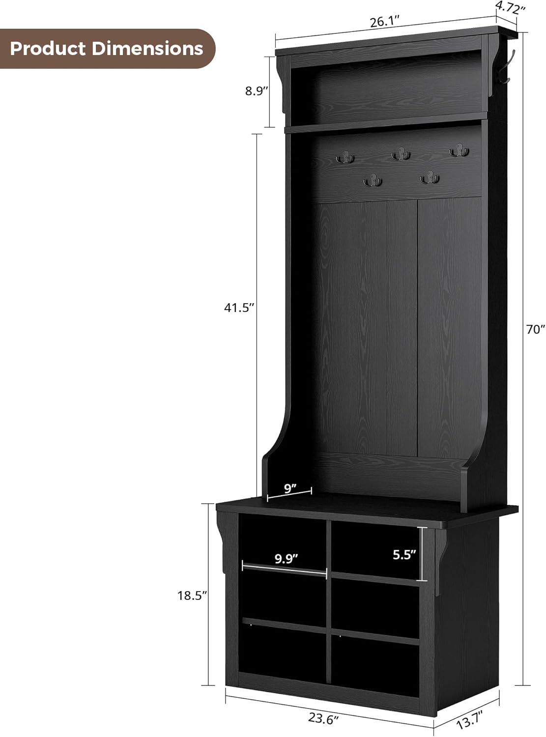 IRONCK Hall Tree with Bench and Shoe Storage, 6-in-1 Entryway Bench with Coat Rack, Adjustable Shelf, Hanging Hooks, 6 Shoe Cubbies, 2-Tier Top Storage, for Entryway, Bedroom, Living Room, Black
