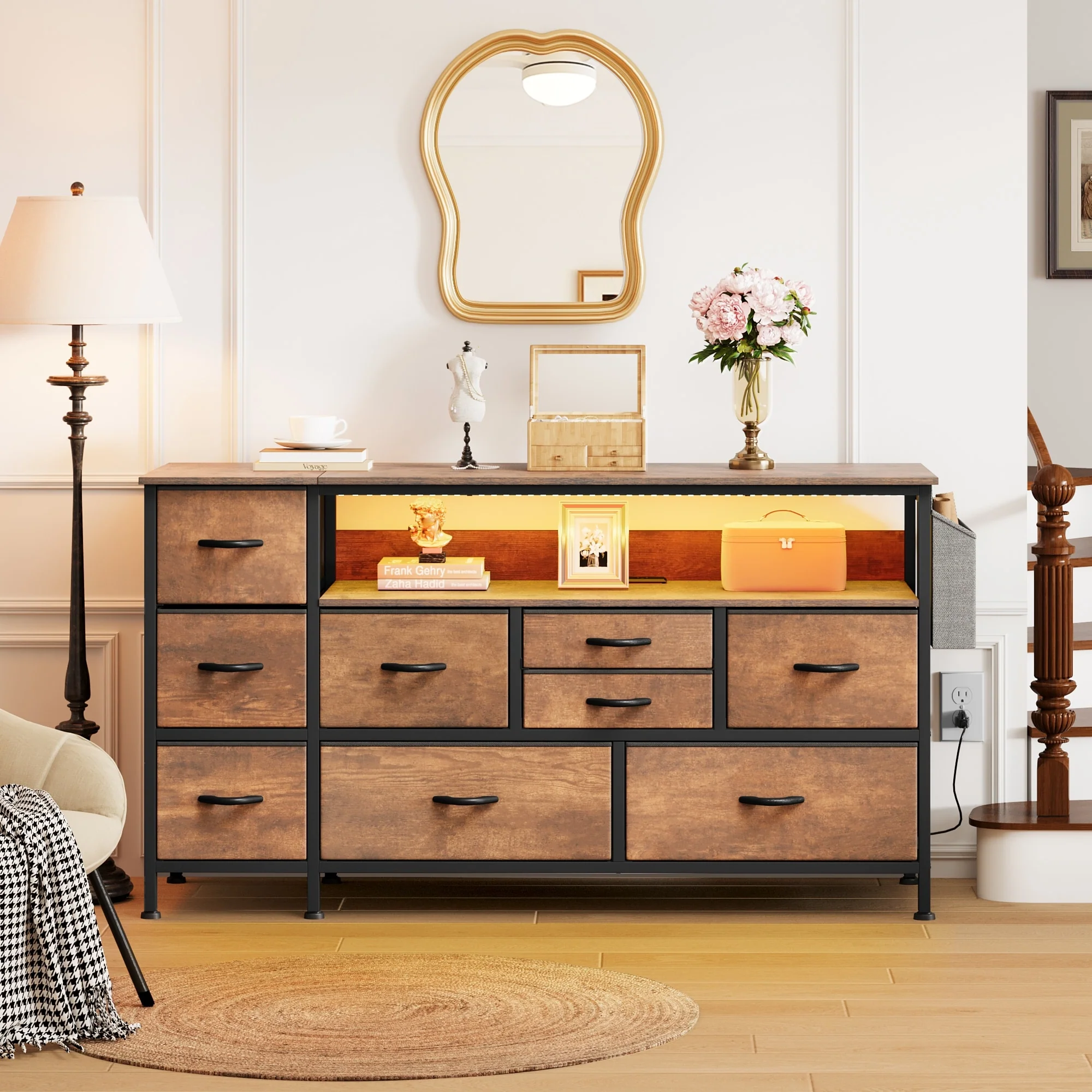 Moasis 50W 9-drawer Fabric Dresser, Media Console, TV Stand with Outlets, RGB Lights